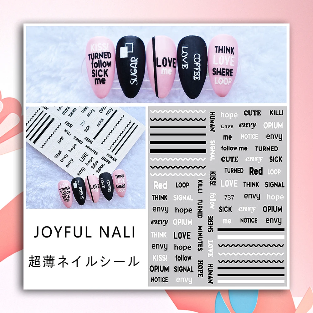 

10PCS Retro Black-And-White Nail Art Sticker Twisted Font Nail Art Decorative Decal 3D Adhesive Strip Digital Nail DIY Slider