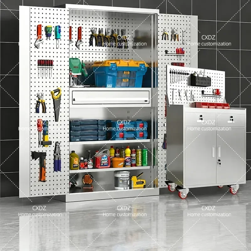 Custom 304 Stainless Steel Tool Cabinet Hardware Storage Auto Repair Workshop Parts Double Door Heavy Duty Organizer
