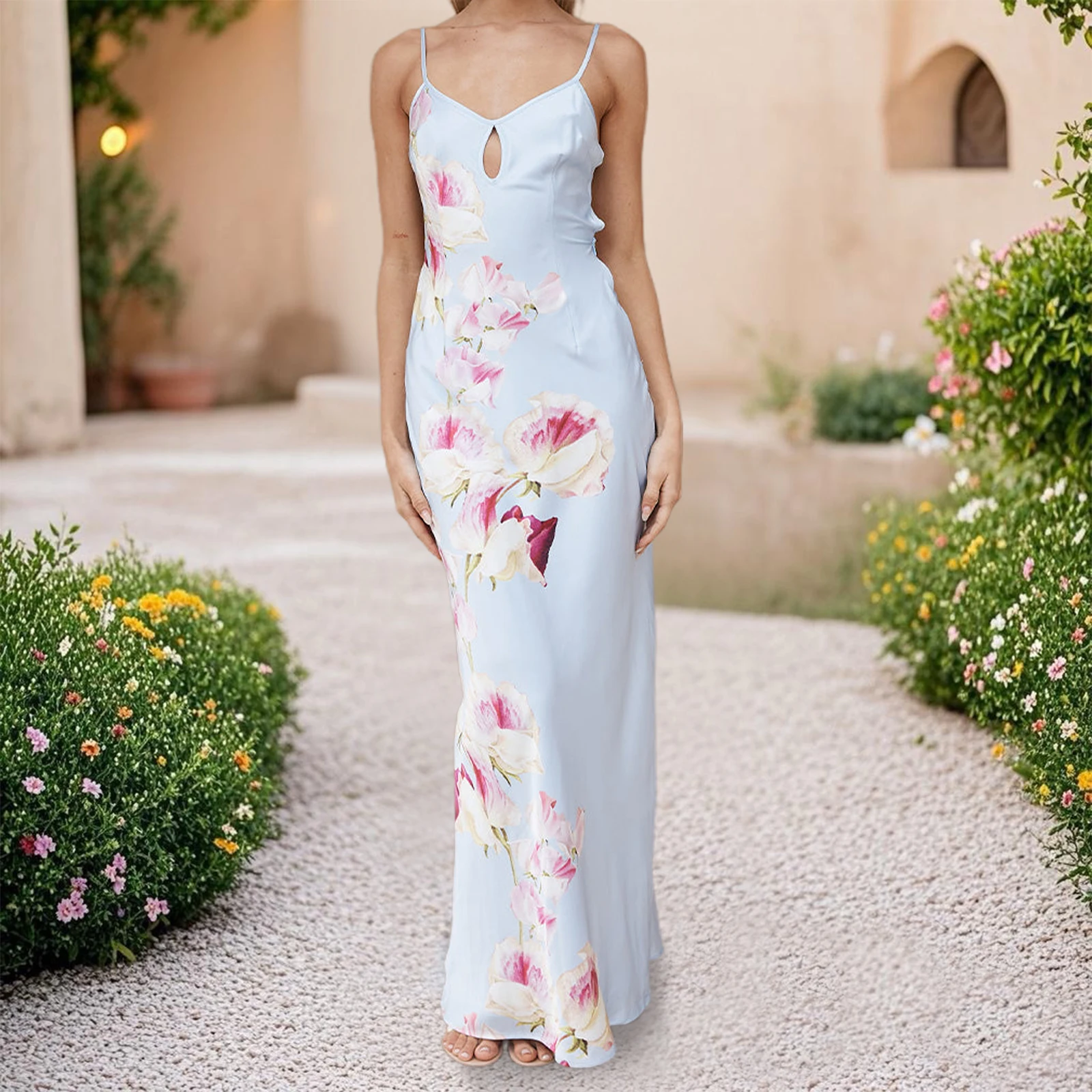 2025 Abito lungo estivo elegante da donna senza maniche con stampa floreale Abito da spiaggia con cinturino per spaghetti con allacciatura sul retro