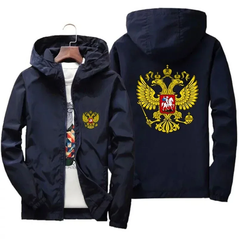 Men Coat Of Arms Of Russia Eagle Motorcycle Parkas Thin Windbreaker Windproof Bomber Zipper Hooded Jacket Plus Size New Overcoat