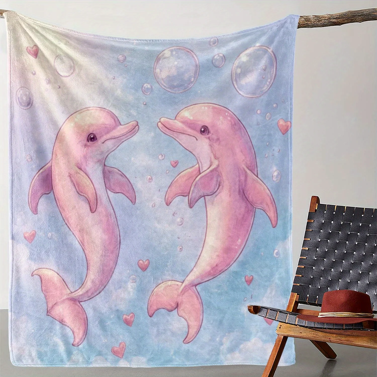 

1 Vintage-Inspired Dolphin & Heart Bubble Print Flannel Blanket - Soft, Cozy, All-Season Throw, Ideal for Sofa, Bed, Car, Office