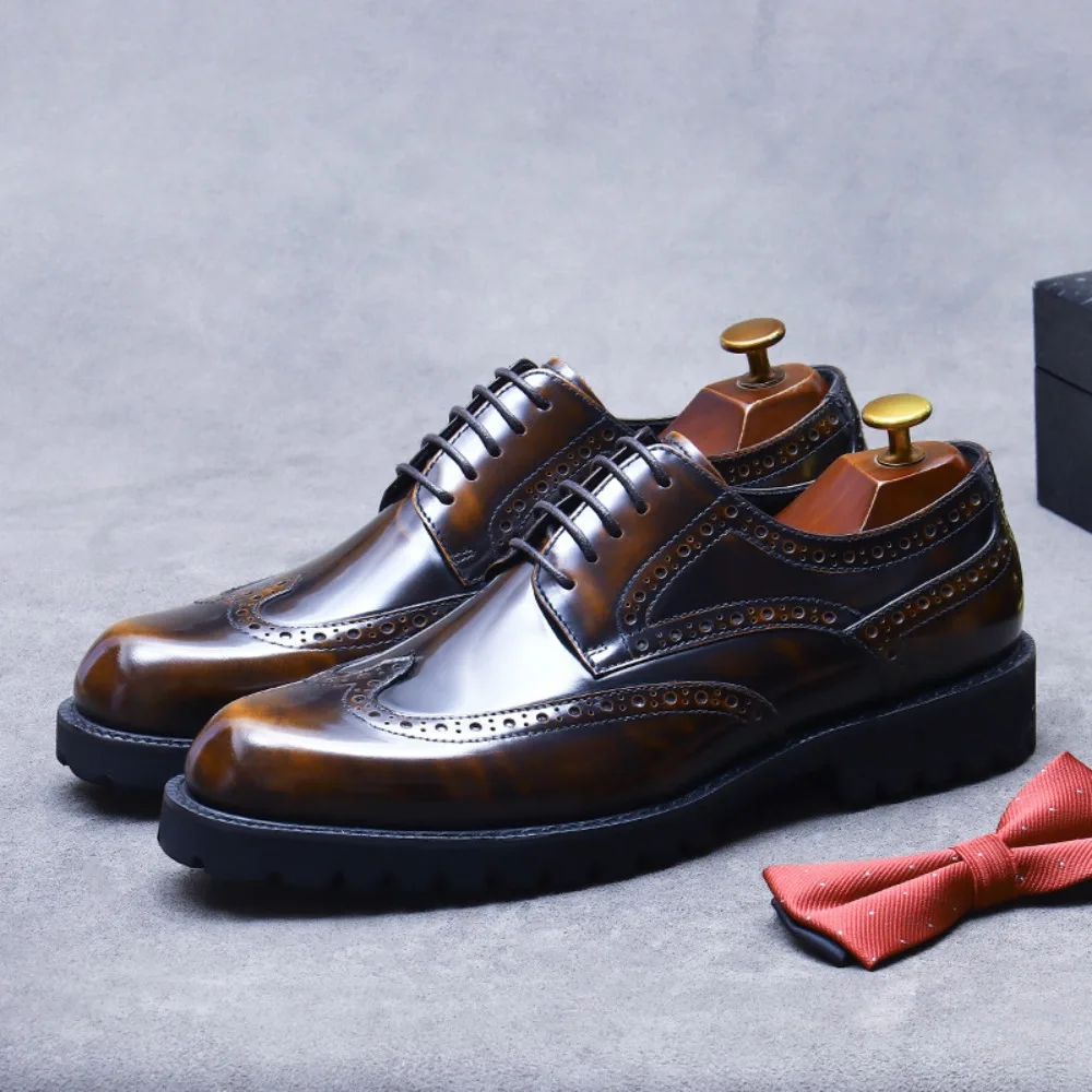 

Shiny Leather Derby Shoes for Men Business Casual Oxford Shoes Genuine Leather Thick Sole Round Toe