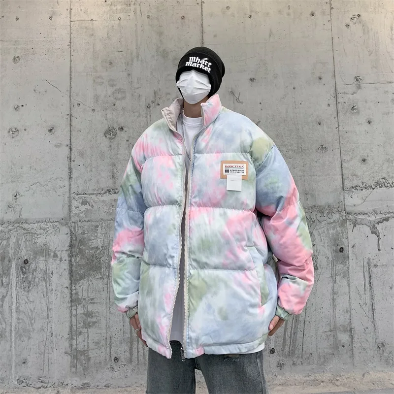 YASUGUOJI Japanese College Hip Hop Tie-dyed Double Sided Wear Winter Parkas Coat Men Streetwear Thicken Down Cotton Jackets Men