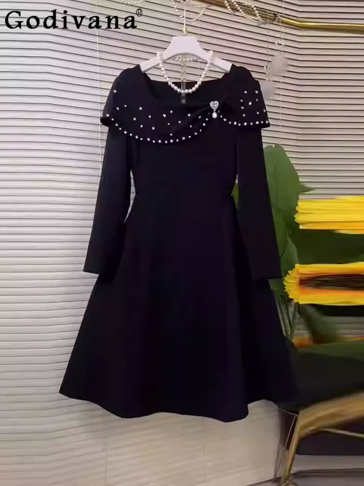 

Осеннее-зимнее платье большого размера с воротником-шалью, модное, с длинным рукавом, черное, с завышенной талией, А-силуэт, универсальное, омолаживающее, для вечеринок