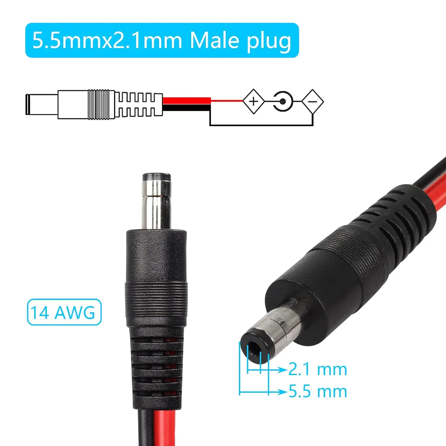 2pcs DC Supply 5.5mm x 2.1mm Male Power Pigtail 14AWG Bare Wire Open End Wire Repair Cable CCTV Security Camera LED Strip Light