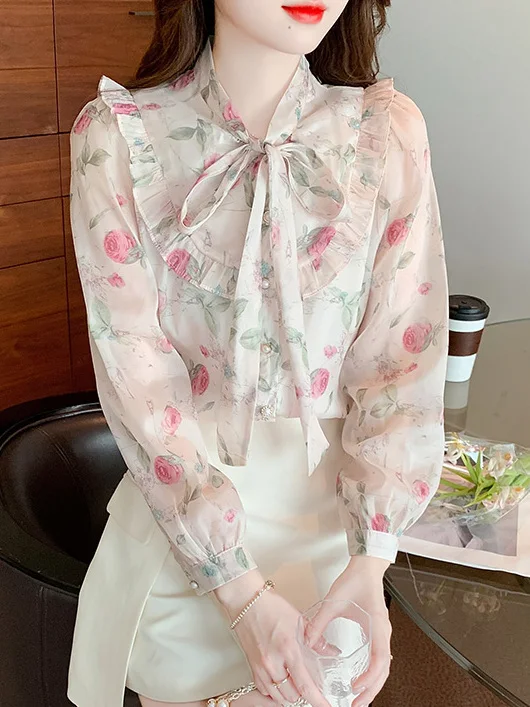 Sweet Floral Bubble Sleeve Shirt with Female Design Sense Niche New Style French Chic and Beautiful Small Shirt