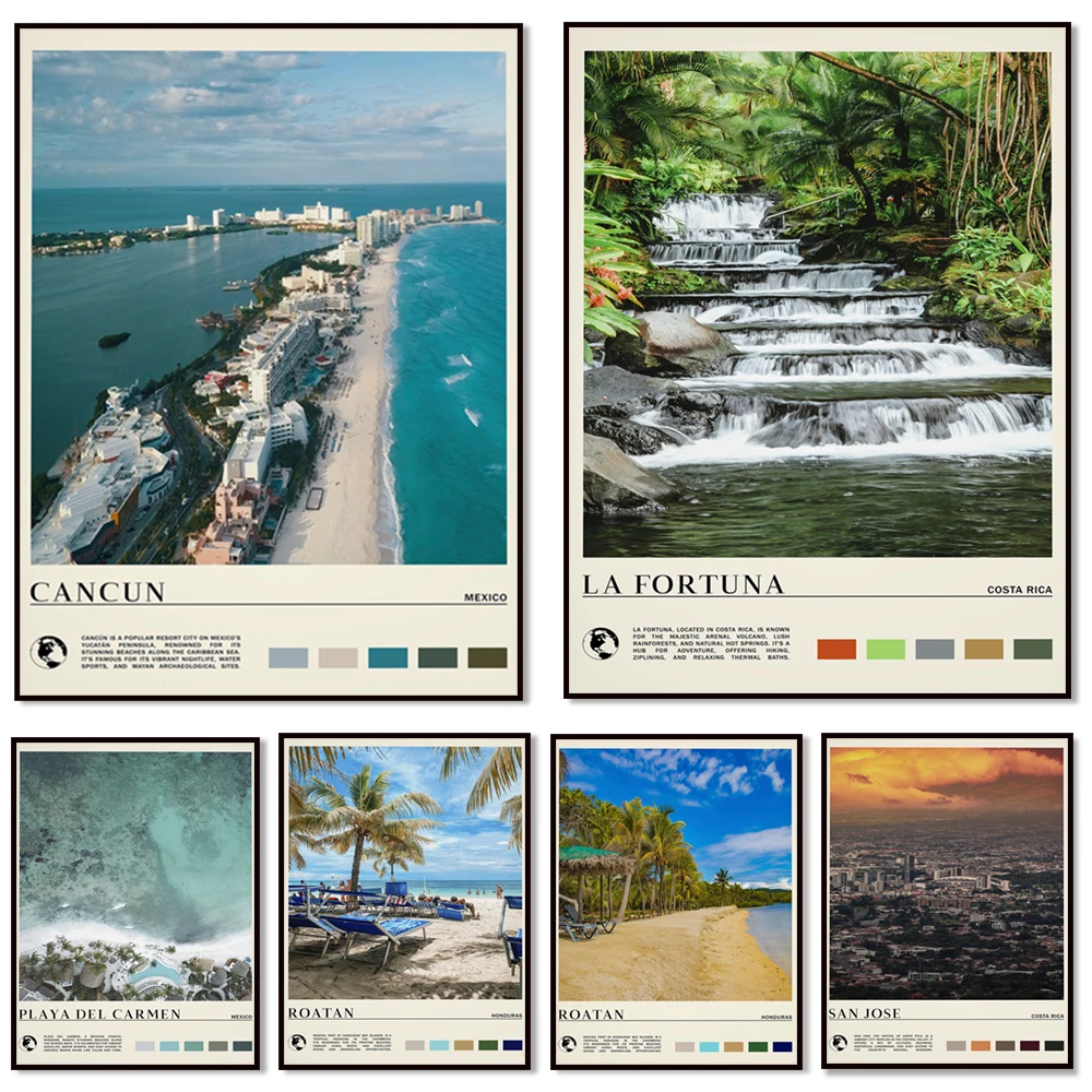 Tikal, San Jose, Manuel Antonio, San Salvador, Granada, Tegucigalpa, Jasper National Park, Vancouver, Toronto travel posters
