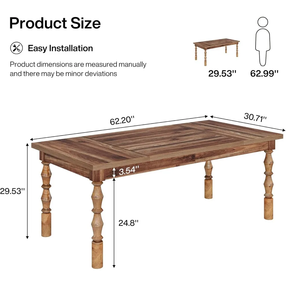 62” Wood Dining Table, Farmhouse Large Rectangle Kitchen Table, Dinner Table Kitchen Furniture with Carved Turned Legs