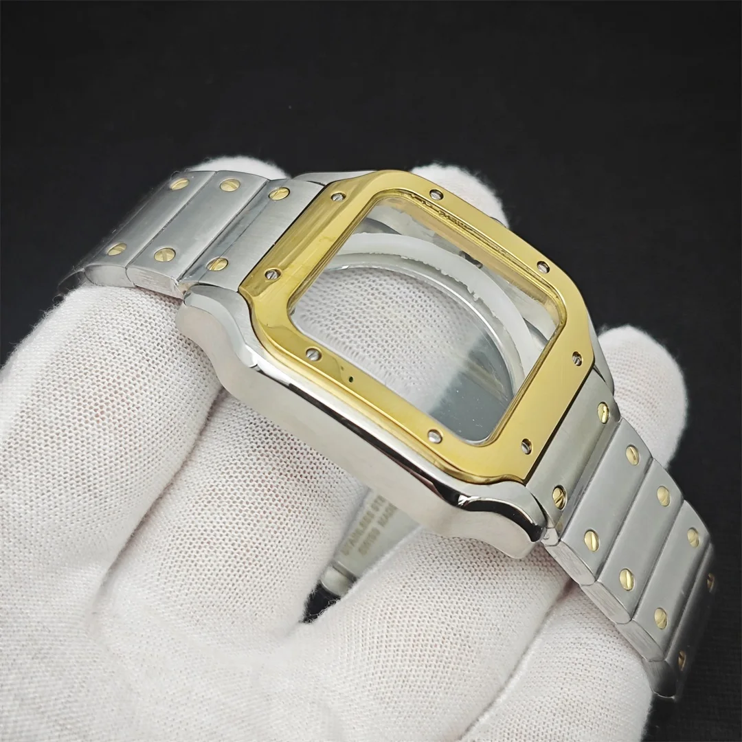 Square Gold Watch Case 38mm NH35 Case with 316L Steel Bracelet Electroplated for NH35 NH36 4R36 Movements Watch Accessories