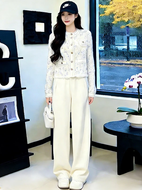 

Elegant High Waist Wide Leg Pants Set Women's Casual Style Spring New Arrival Two Piece Suit Classic Chic Cardigan Jacket
