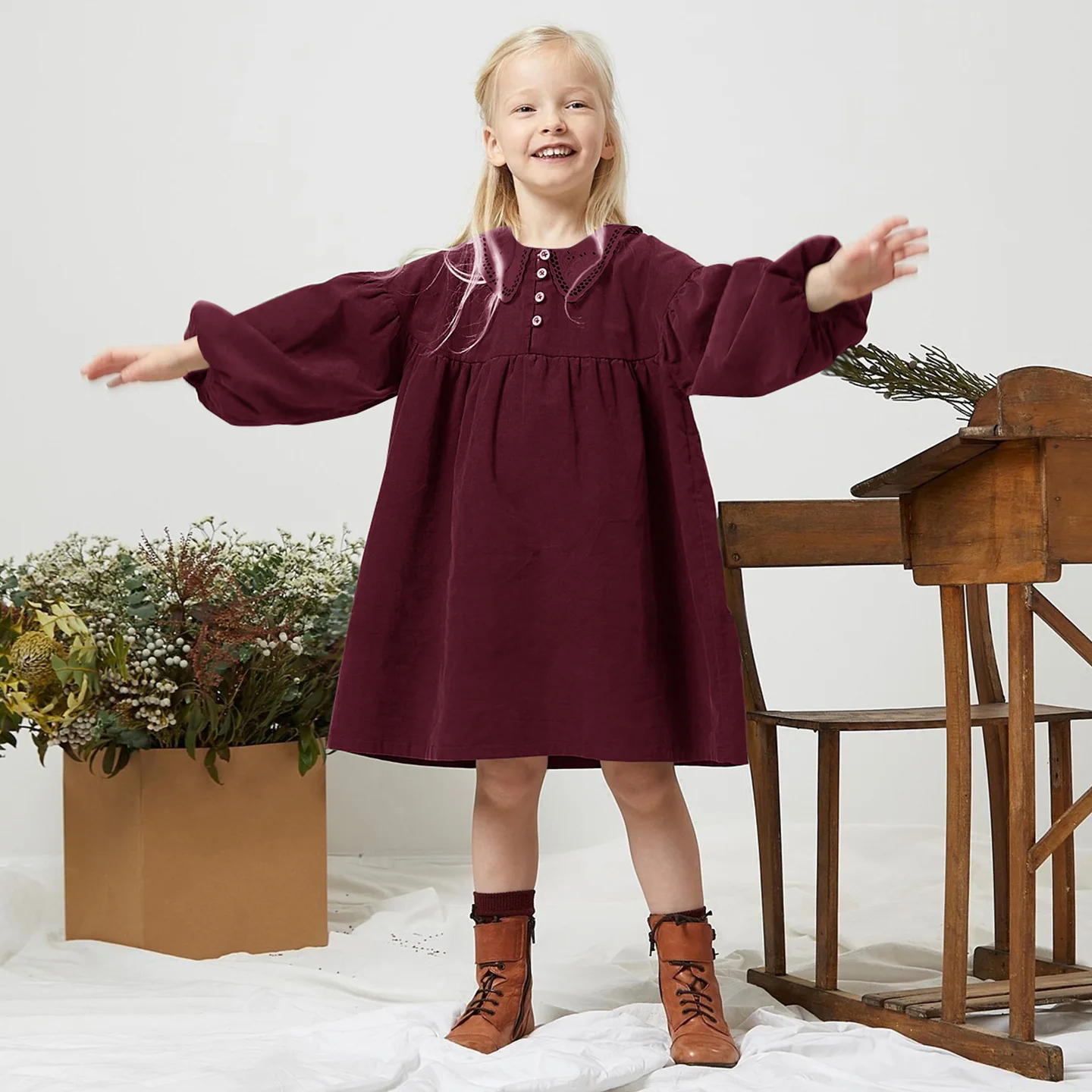 

Merry Christmas Toddler Girls Dress New Winter Solor Color Thicken Warm Kids Girls Corduroy Dress Puff Sleeve Little Girls Dress