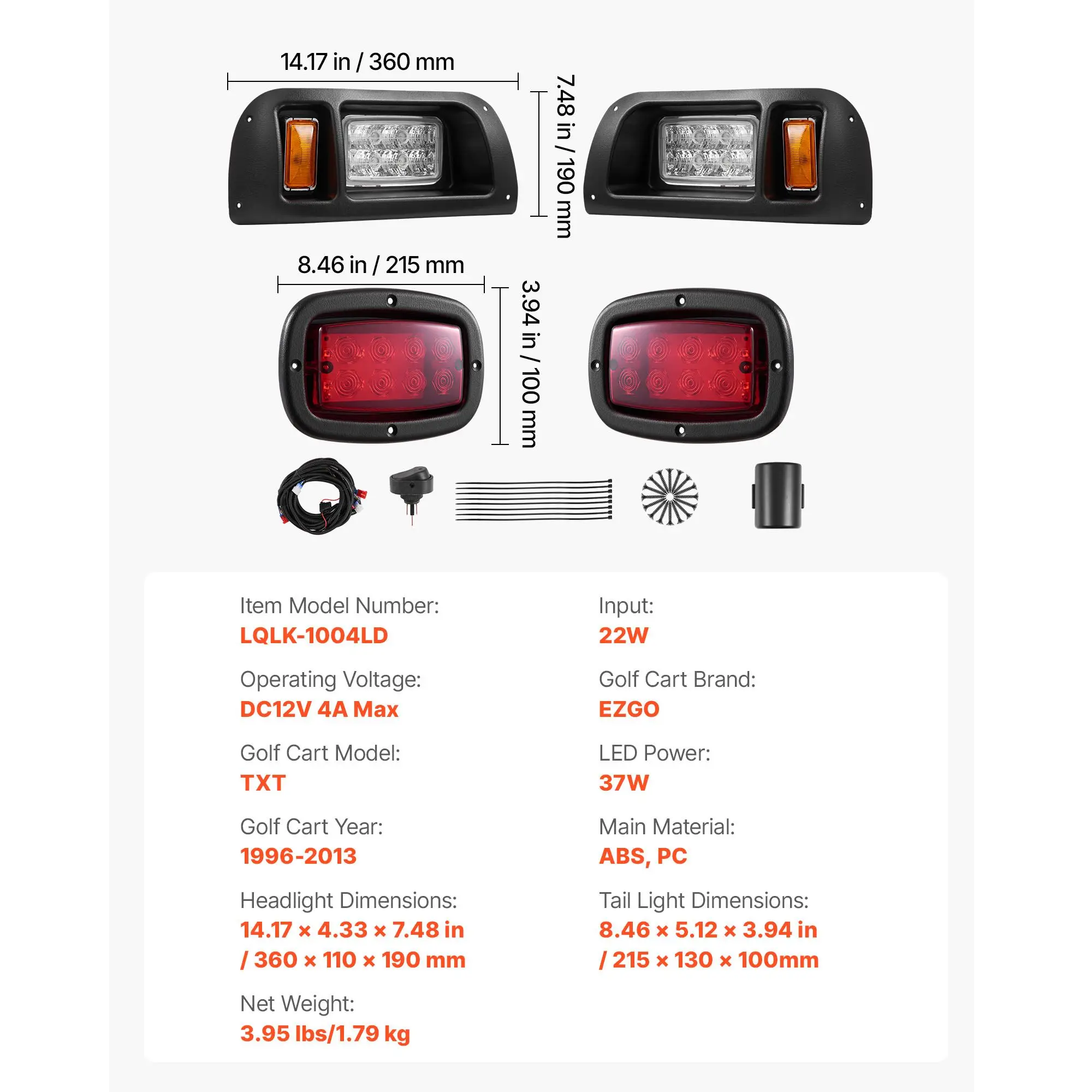 Golf Cart Light Kit, 12 Volt, LED Headlight and Tail Light Kit with Wiring Harness, Switch, Zip Ties, ABS Housing, High-Brightness, Waterproof and Dustproof, Fit for EZGO TXT 1996-2013 Models