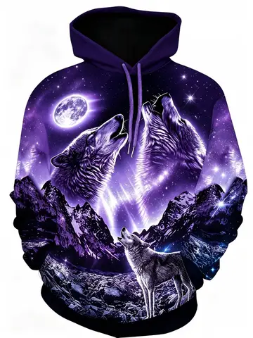 Hot selling American men's autumn moon wolf roar print comfortable and soft hooded sweatshirt outdoor urban casual top