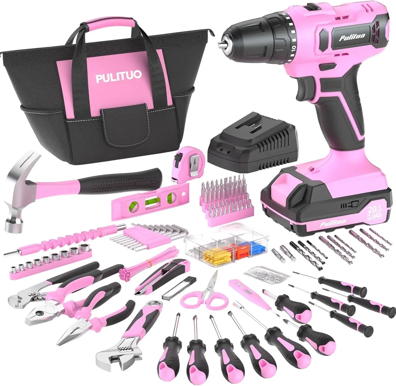 

20V Cordless Pink Drill Tool Kit Set Power Drill Tool Box with Battery Electric Drill Driver 238-Piece Lady's Repairing Kit