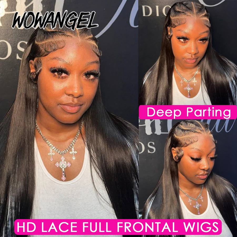 WowAngel 250% 13x6 HD Lace Full Frontal Wigs Human Hair Wigs Silk Straight Melt Skins Pre Plucked Brazilian Hair Wigs For Women