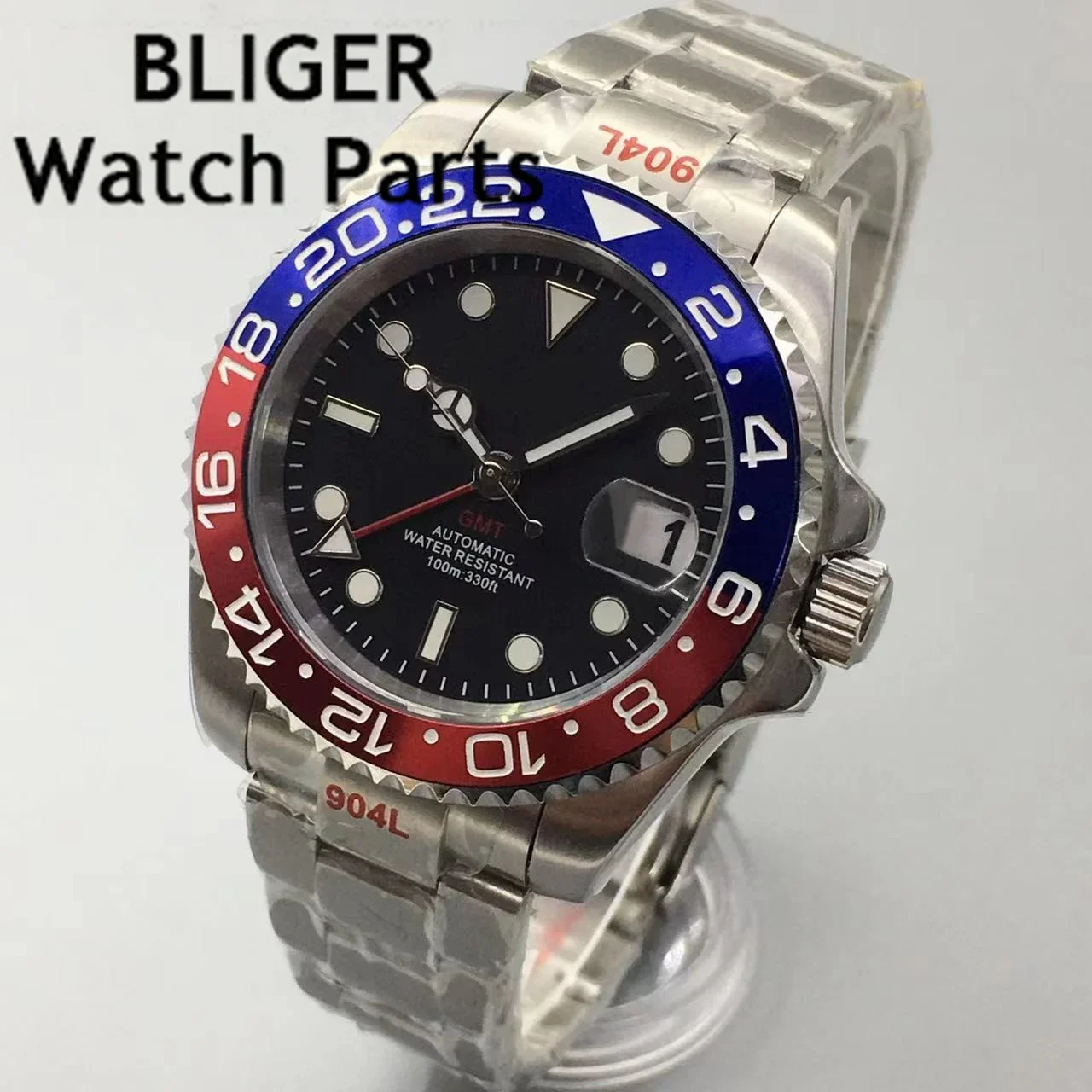 

BLIGER 40mm Wristwatch Waterproof Silver NH34 GMT Automatic Movement Dive Men Watch Date Function Sapphire Glass Green Luminous