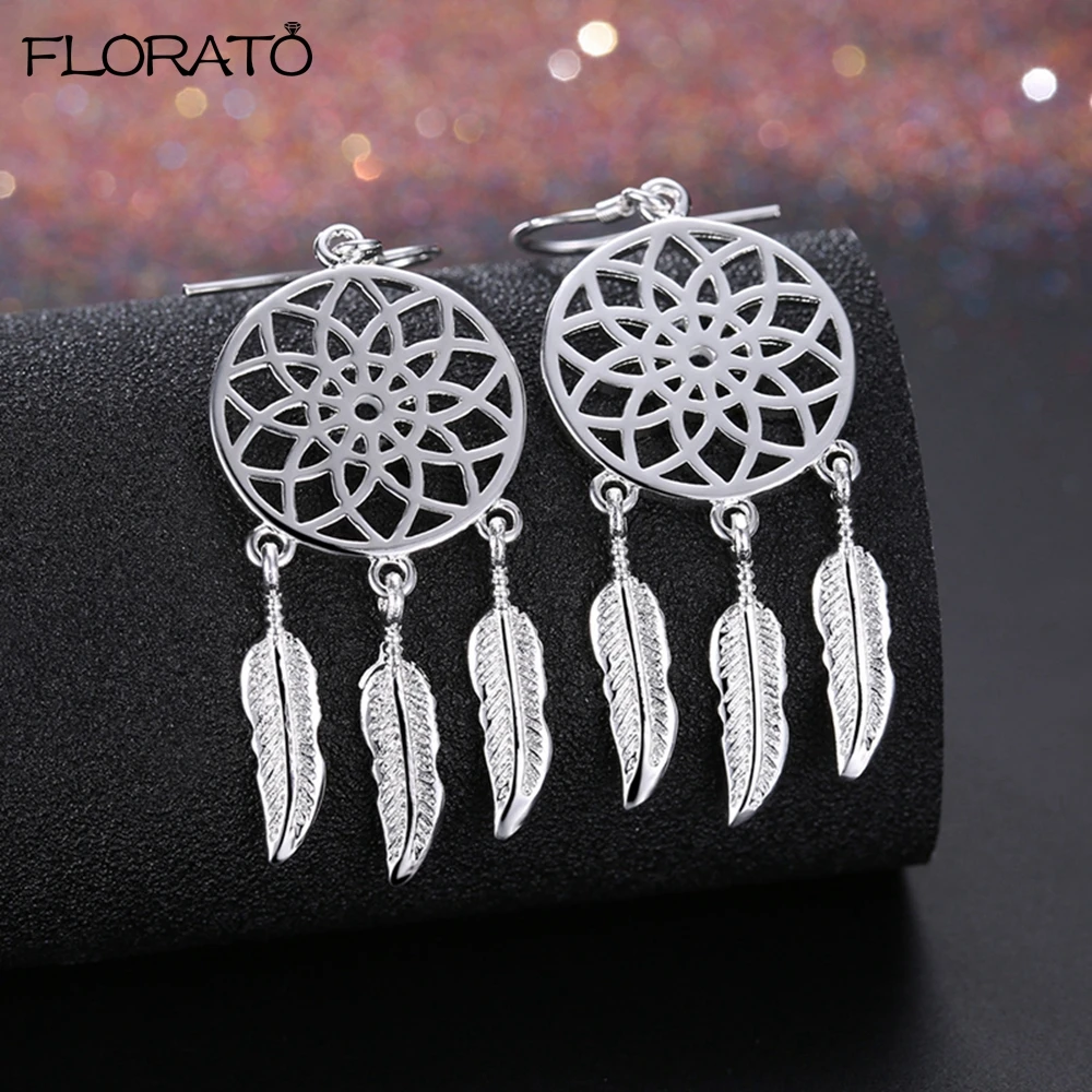 

High Quality 925 Sterling Silver Needle Dream Catcher Feathers Earrings for Women Fashion Party Wedding Accessories Jewelry Gift