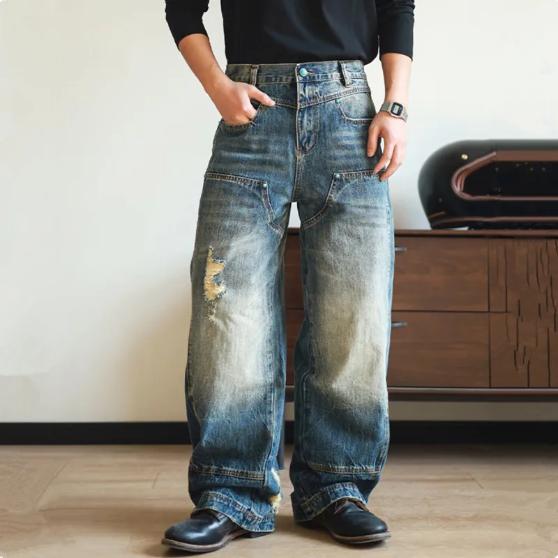 2026 Cyber Y2K Streetwear Washed Blue Baggy Ripped Jeans Pants For Men Clothing Vintage Wide Leg Denim Trousers Pantalon Homme
