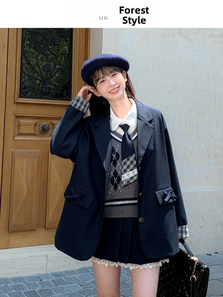 

Свободный костюм Long Sve JK Jaet для женщин королевского синего цвета, повседневная верхняя одежда Academy Sle Faion с пуговицами и кетами