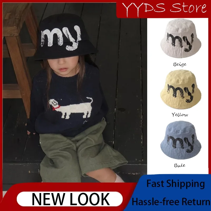 Kids Bucket Hat Spring Autumn Letter Print Street Style Sun Hat Outdoor Street Shoot UV Protection Cap for Boys Girls