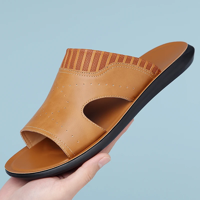 Men's Summer Trendy Hole-Punch Breathable Slip-On Sandals Simple White Anti-Slip Wear-Resistant Outdoor Daily Beach Shoes-2506