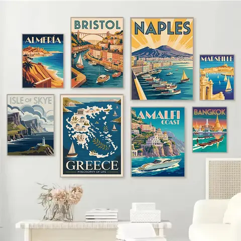 70s Style Vintage Coastal Cities Naples Greece Bristol Travel Illustration Poster Wall Art Pictures Canvas Painting Home Decor