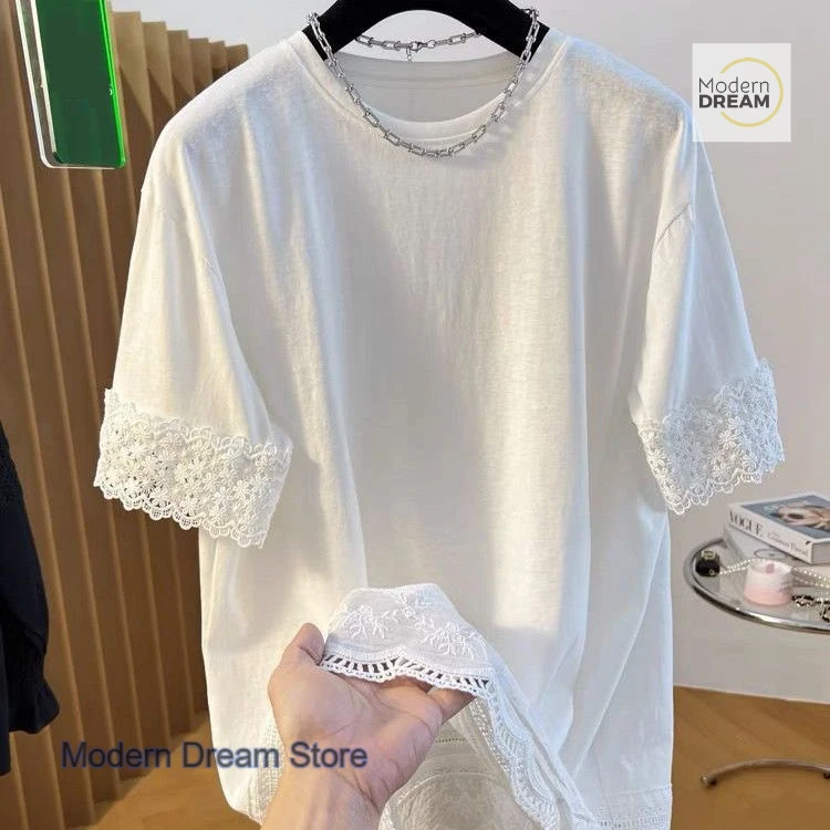 

Summer new Joker openwork lace stitching short sleeve T-shirt female French plus size fat sister loose slim casual Joker top.