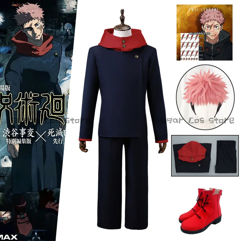 

Anime Itadori Yuji Cosplay Costume Top Pants Uniform Set Wig Tattoo Stickers Boots Halloween Christmas Party Props For Women Men