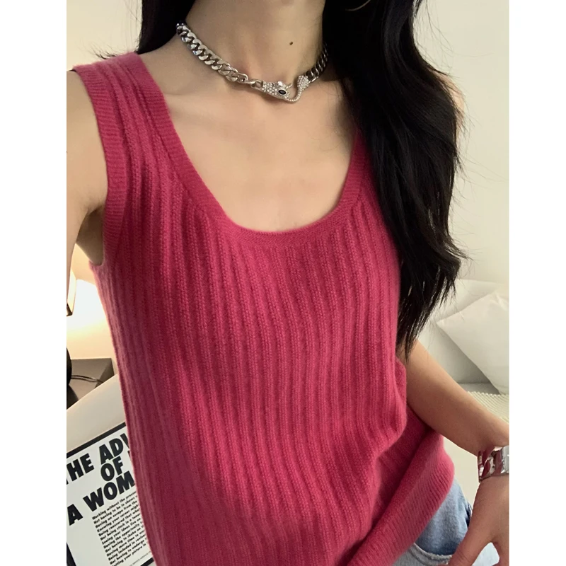 

100% Wool Women's Lightweight U - neck Solid - color Sling Vest, Skin - friendly and Breathable