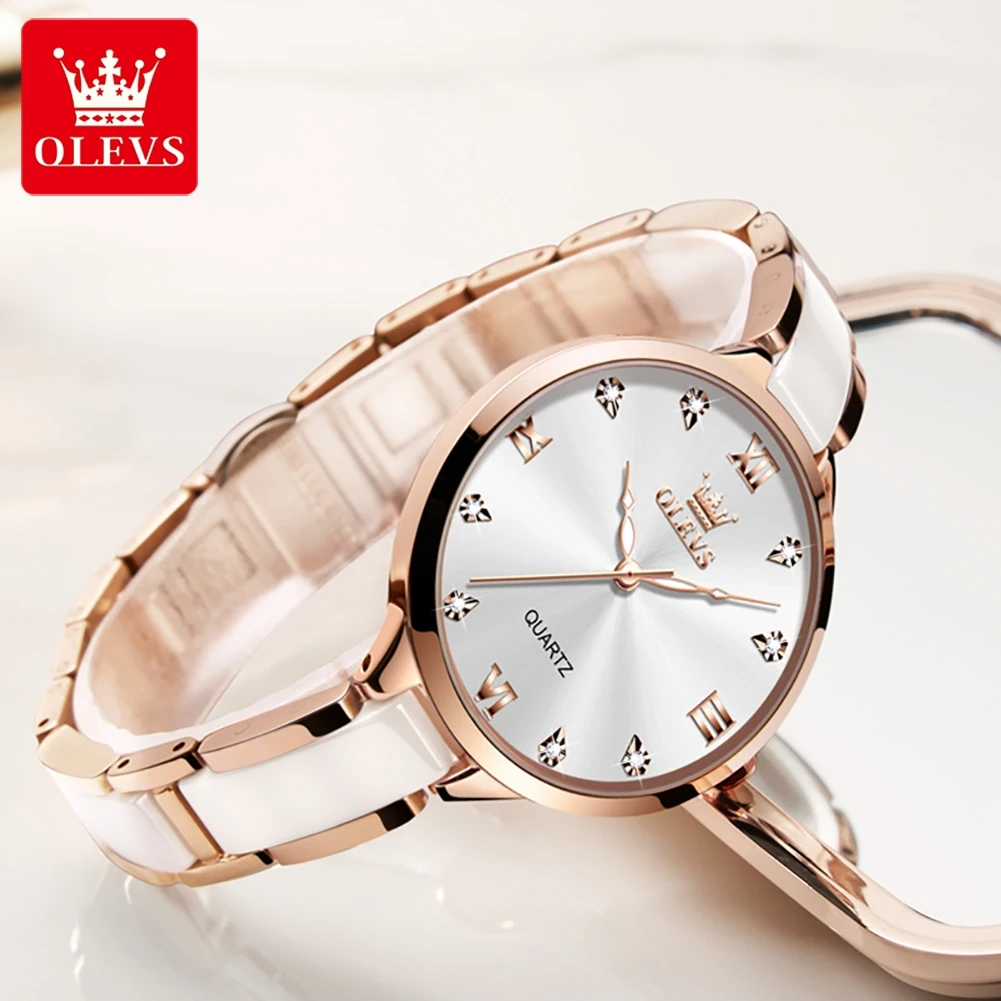 OLEVS Japan Movement Quartz Watch for Women Elegant Ceramics Strap Fashion Ladies Dress Wristwatch Women\'s  Waterproof Watches