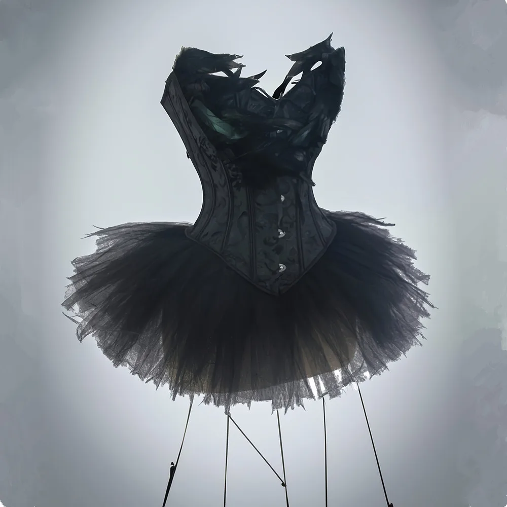 Vintage Feathers Corset Dress Bustier Tutu Skirt Set For Women Girls Roleplay Angel Swan Suit Carnival Party Performance Outfits