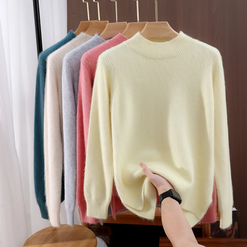

Autumn And Winter Half-High-Necked Female Mink Wool Pullover Long-Sleeved Knitted Padded Warm Bottoming Shirt