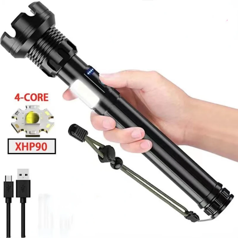 P90Super jasna latarka taktyczna High Lumen Zoomable latarka LED z bocznym światłem COB 7 trybów reflektor latarka zewnętrzna