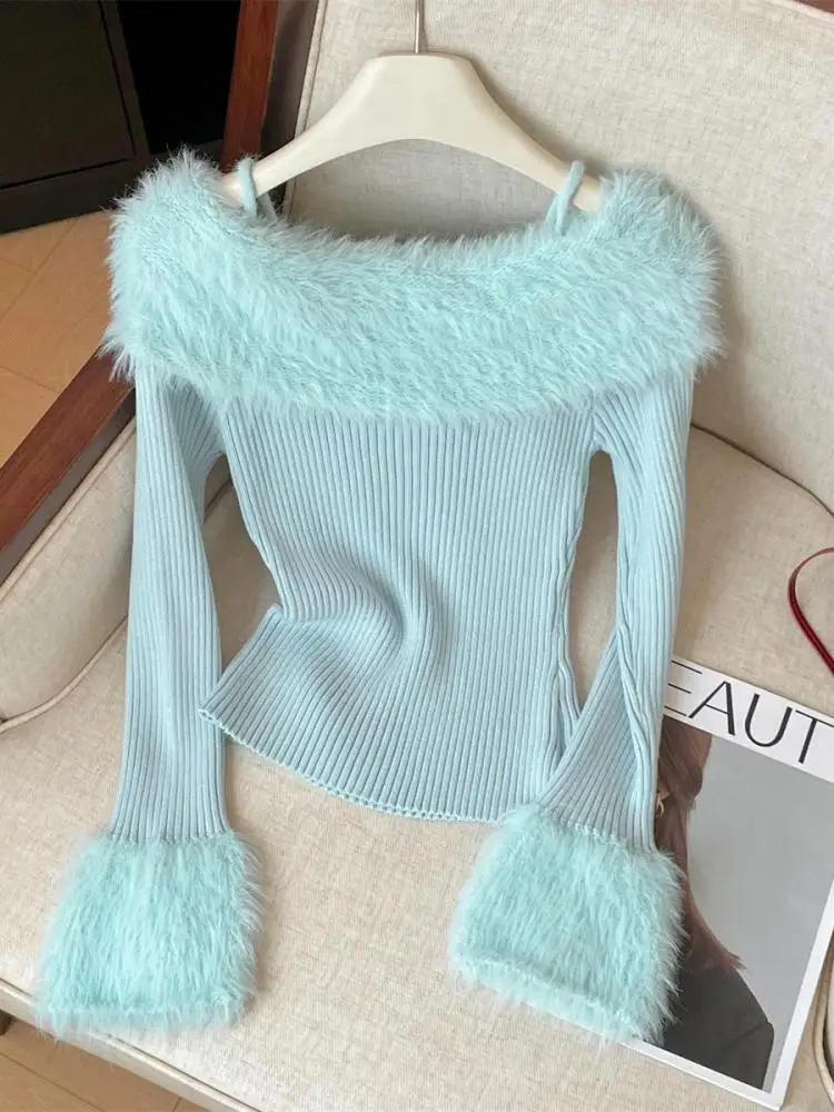 Korean Vintage Women White Brown Off Shoulder Short Plush Sweater 2025 New Blue Elegant Long Sleeved Knitted Pullover Tops Trend