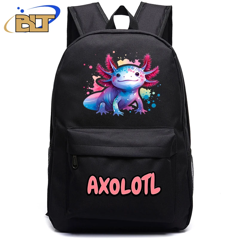 Mochila negra con estampado Axolotl para estudiantes, bolsa bonita para niños