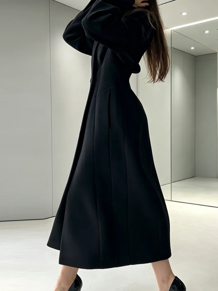 Damen-Maxi-Mantel aus Wollmischung, Sanduhr-Schnitt, Stehkragen, tailliert, schmal geschnitten, warm, elegant, lässig, Streetwear, Damen-Oberbekleidung – Detail 6