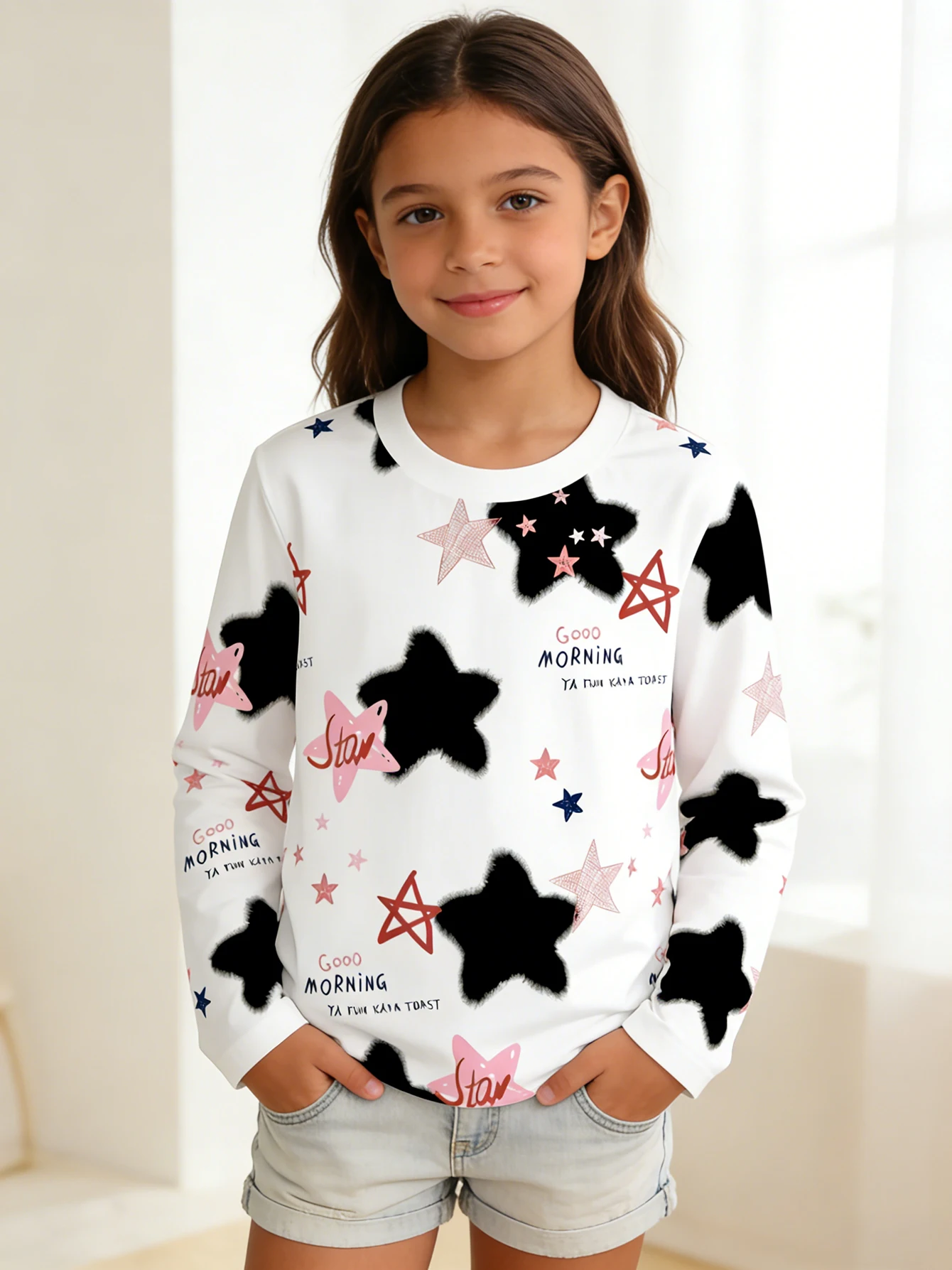 2026 Girls' long-sleeved T-shirt with white stars and casual crew neck top