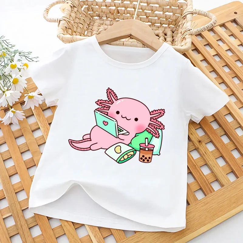 Cute Relax Axolotl Print Funny Kids T shirt Girls Summer Tops Baby Boys Clothes Cartoon Kawaii Children Short Sleeve T-shirt