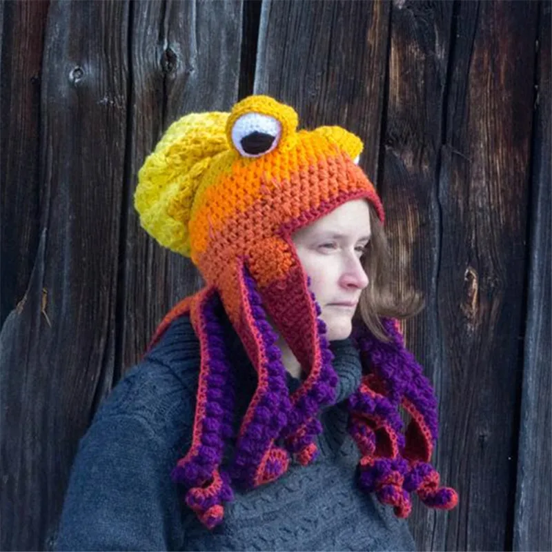 Creative Octopus Hat Autumn Winter Crochet Wool Squid Funny Halloween Hand Knitted Adult Halloween Party Cosplay Hat