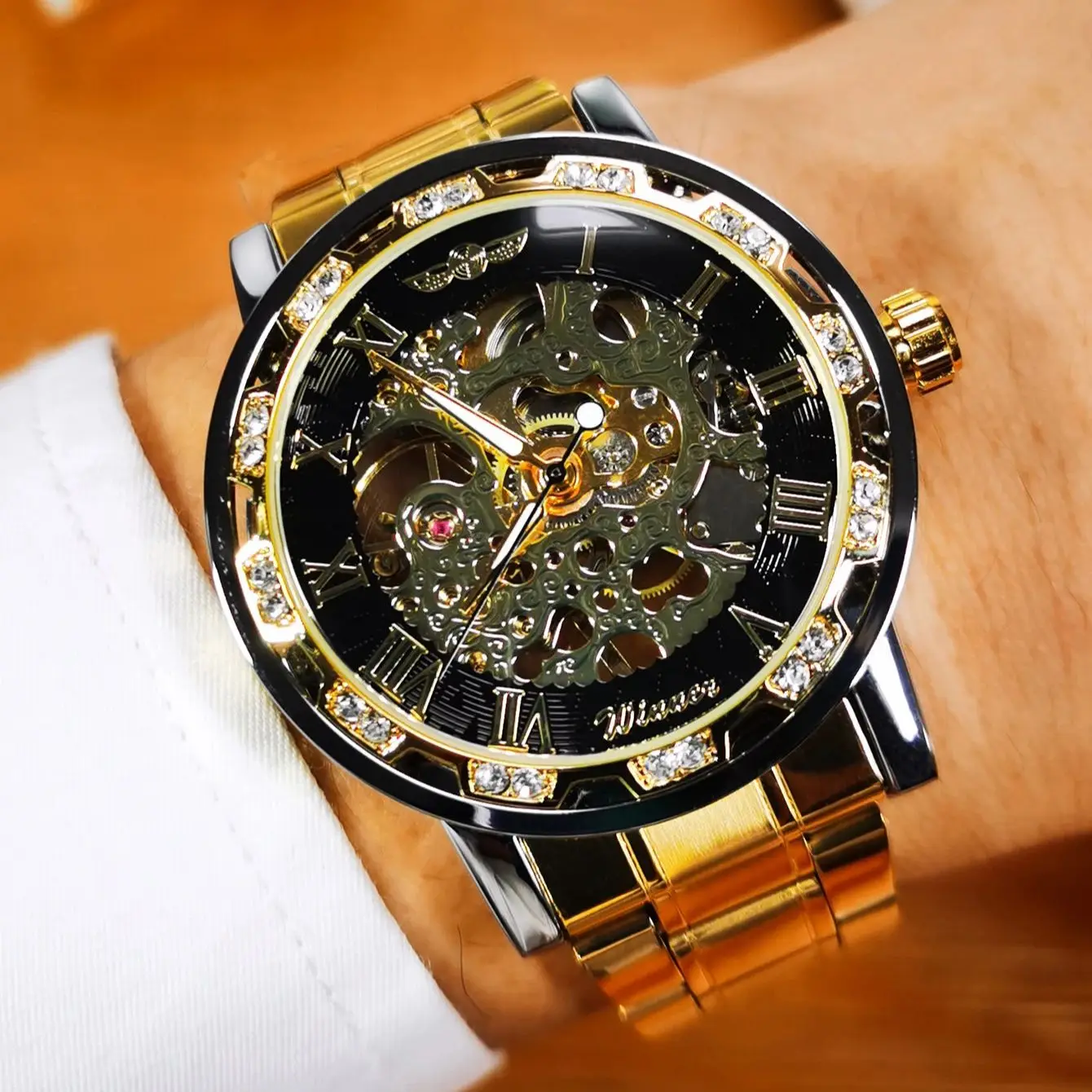 winner-ゴールドスケルトン機械式腕時計-メンズ-夜光針-アイスアウトデザイン-高級ブランド-ビジネスメンズ腕時計-スチールストラップ-ギフト