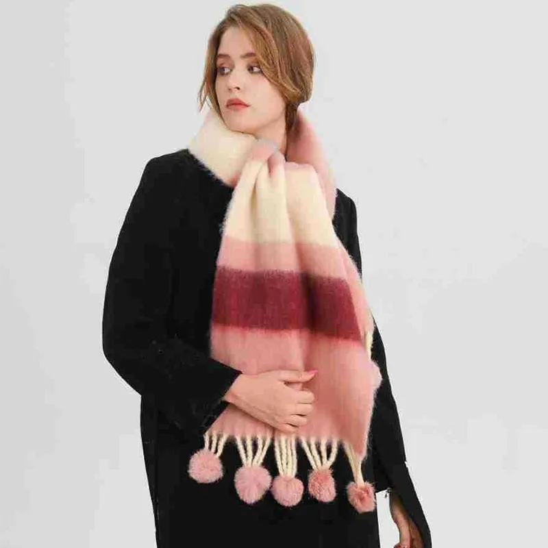 جديد الشتاء وشاح للنساء الملونة مخطط شعري الباشمينا الأوشحة يلتف الإناث سميكة لينة Bufanda شرابات كبيرة شال طويل #2