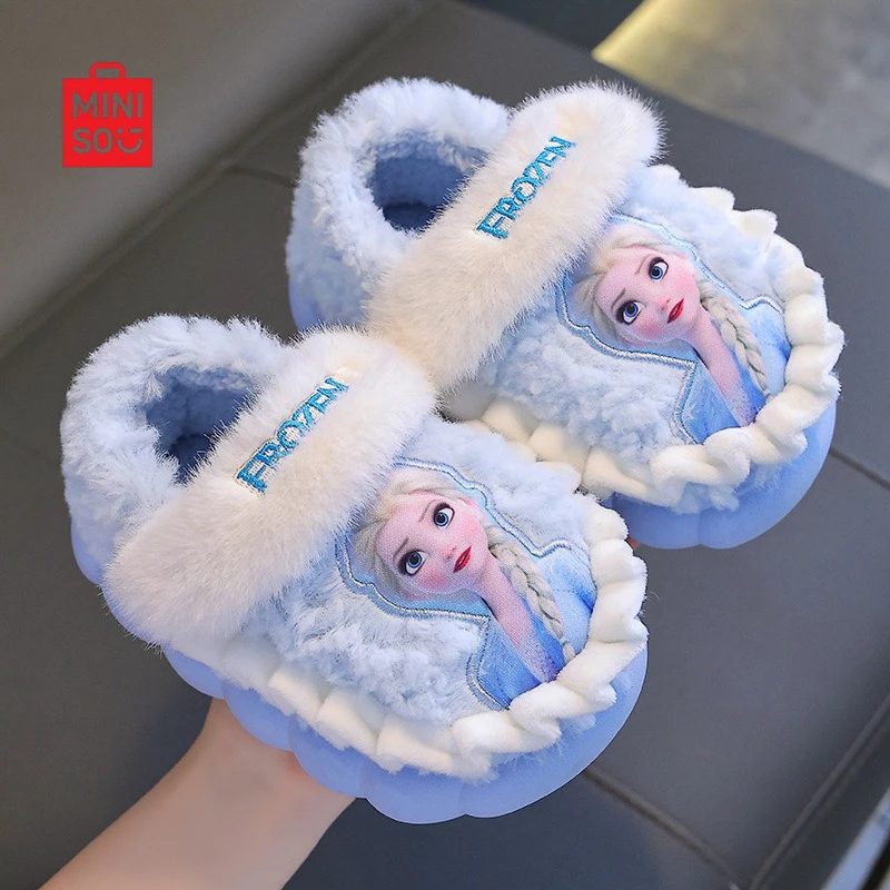 

Зимние пинетки Эльзы 2025 года, тапочки на толстой подошве на флисовой подкладке для девочек и малышей, теплая домашняя обувь