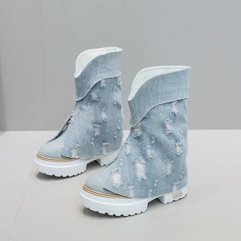 Thick Soled Boots Women Spring and Autumn 2023 New Denim Women\'s Boots Low Rise Casual Increase Height Shoes Female Mid-Calf