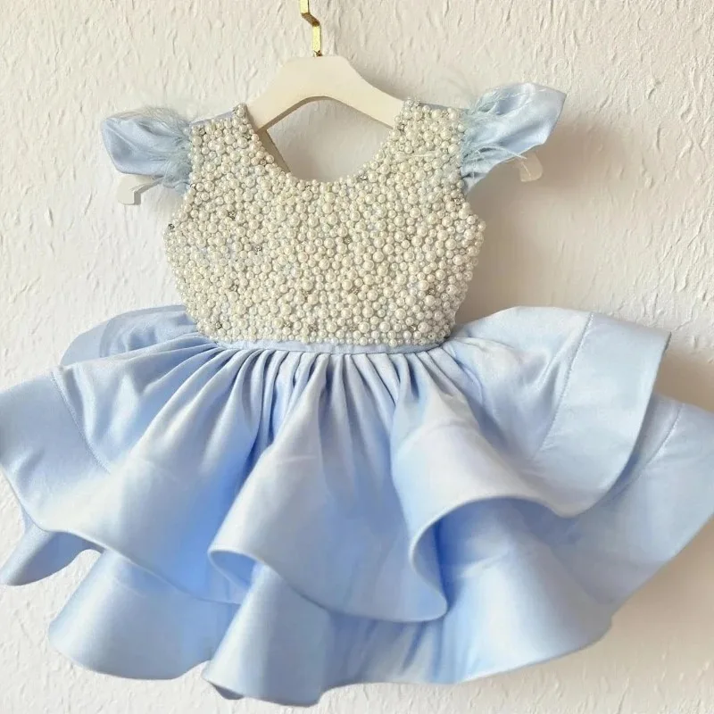 Customized Blue Flower Girl Dress With Bows Beaded Feathers Communion Ball Birthday Princess Graduation Ceremony Wedding Party