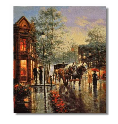 Top Quality Counted Lovely Cute Cross Stitch Kit Sunset Rain Raining Street Evening Horse Carriage 