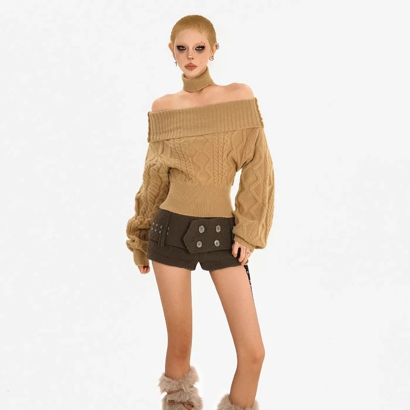 Winter Thickened Design Waist-Cinching Women's Pants Retro Coffee Color Double-Breasted Unique Fashion Slimming Shorts Ladies