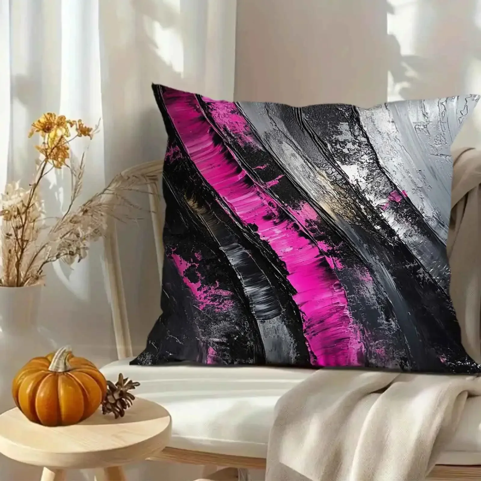 Set of 4 Throw Pillow Covers with Abstract Black, Pink, and Gray Splatter Design for Living Room Decor