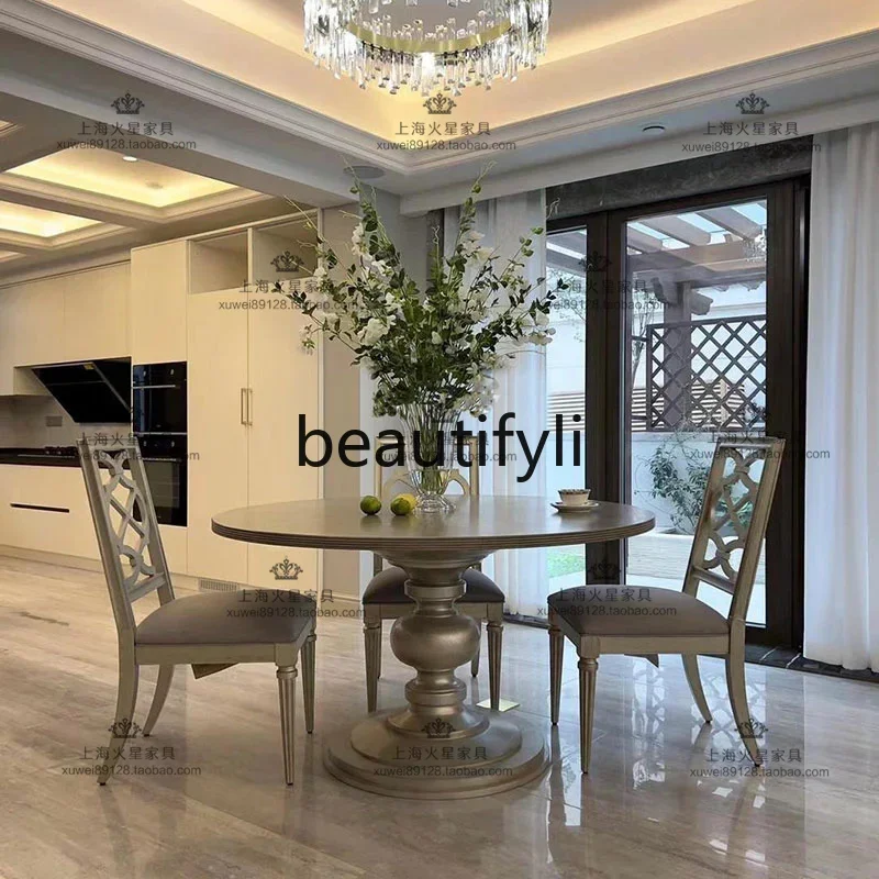 

A38 American light luxury solid wood size apartment round dining table and chair combination French dining room furniture
