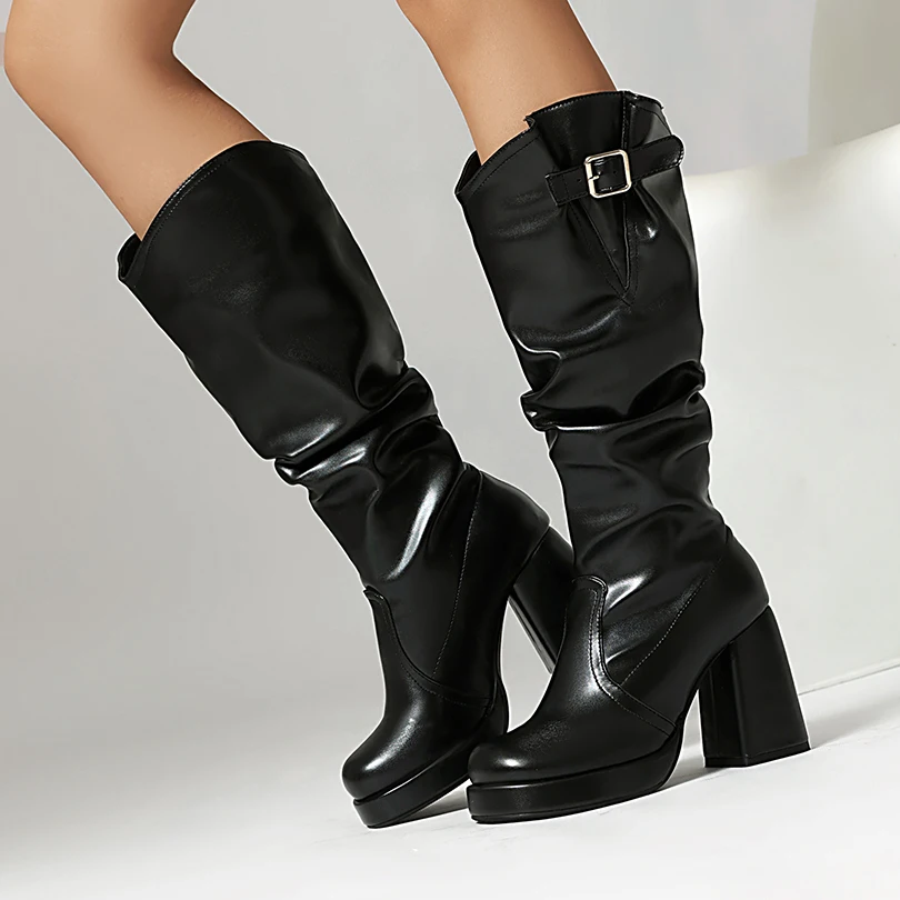 

Женские Плиссированные сапоги до колена, водонепроницаемые сапоги на очень высоком толстом каблуке, с квадратным носком и металлической пряжкой, большие размеры