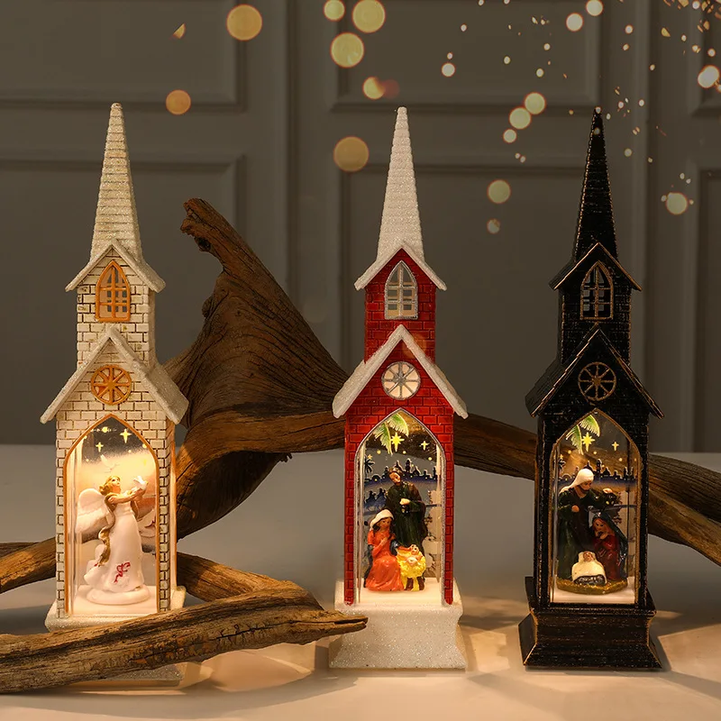 New LED Christmas lighting gliter Jesuit Church shaped small wind lamp tabletop decor angel christmas decorations for home